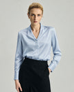 Glacier Blue Riva Shirt on model, front view showing the V neckline and relaxed drape