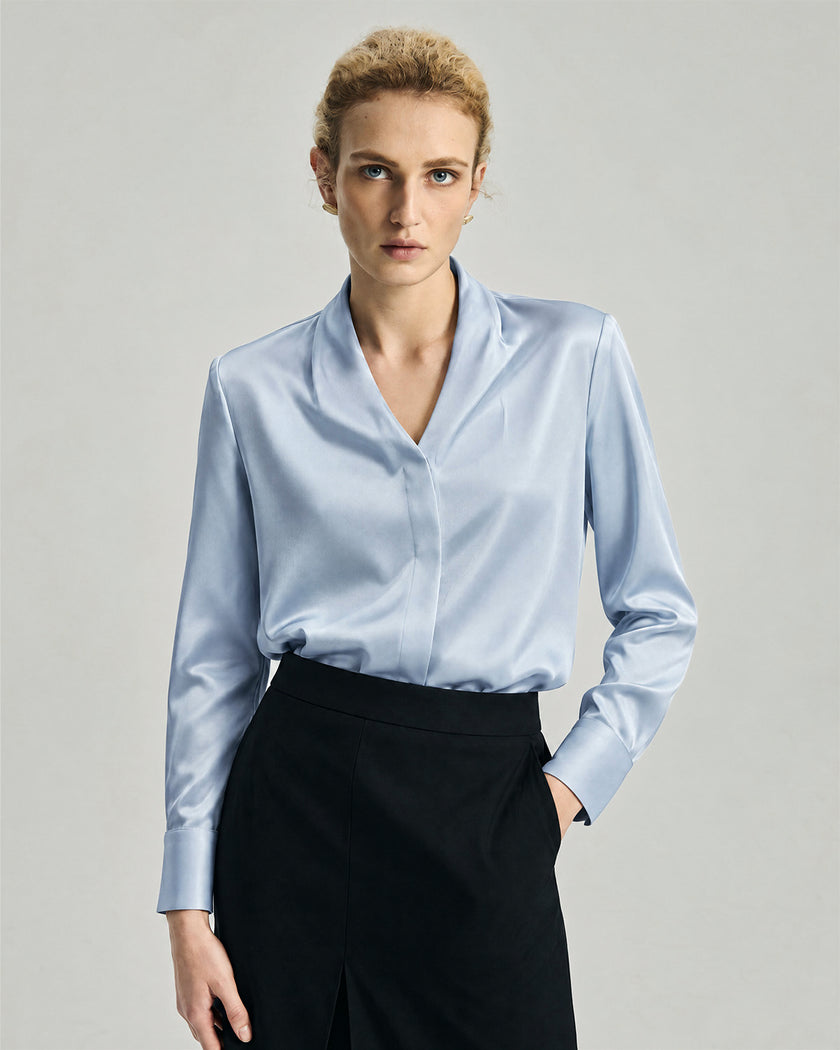 Glacier Blue Riva Shirt on model, front view showing the V neckline and relaxed drape