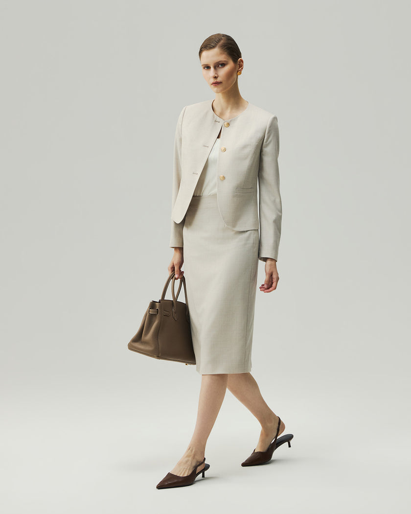 Oatmeal Check Gabri Jacket styled as a coordinated tailored look, full-length side view