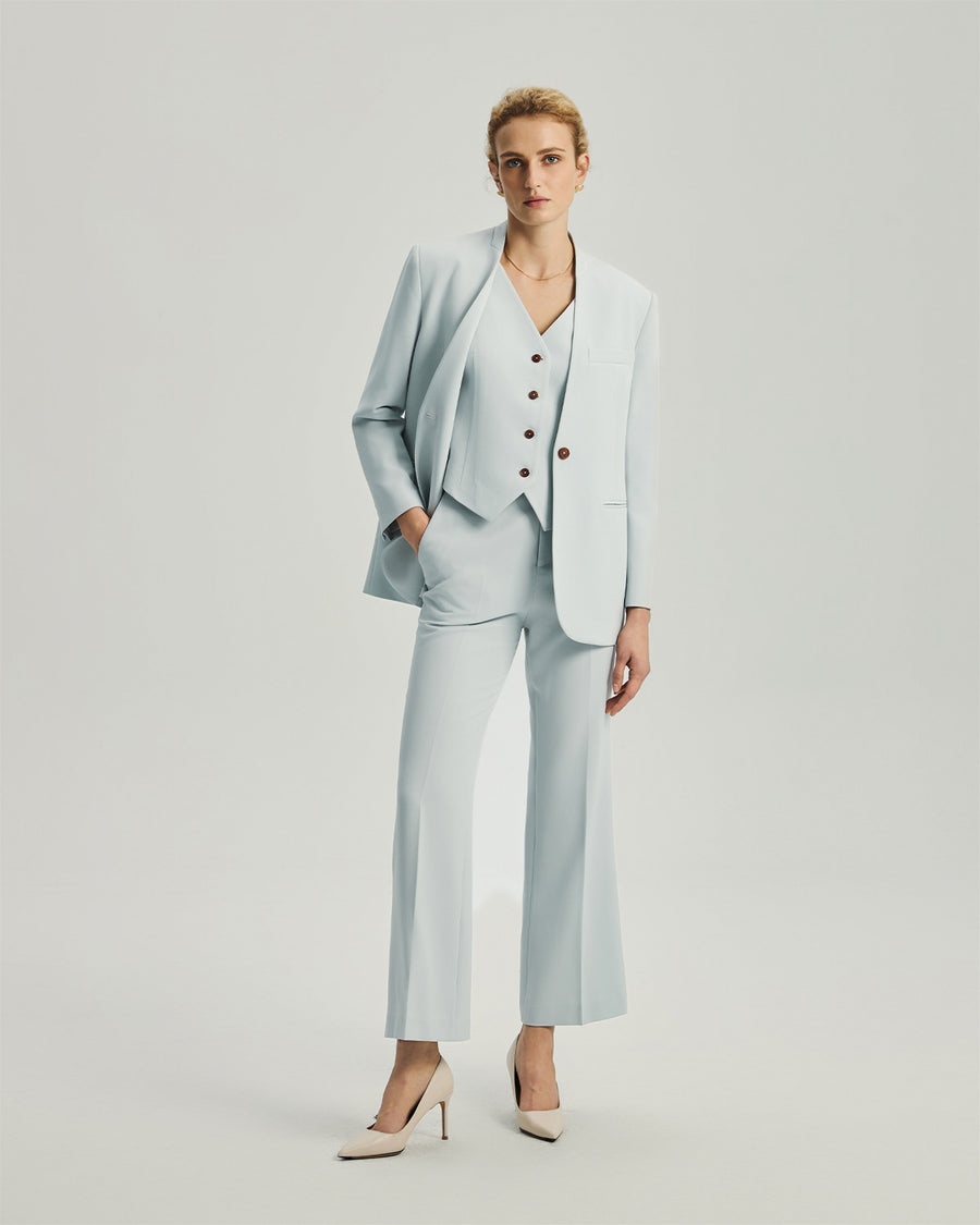 Wells Faux Two-Piece Blazer in Powder Blue on model, full-length front styling view