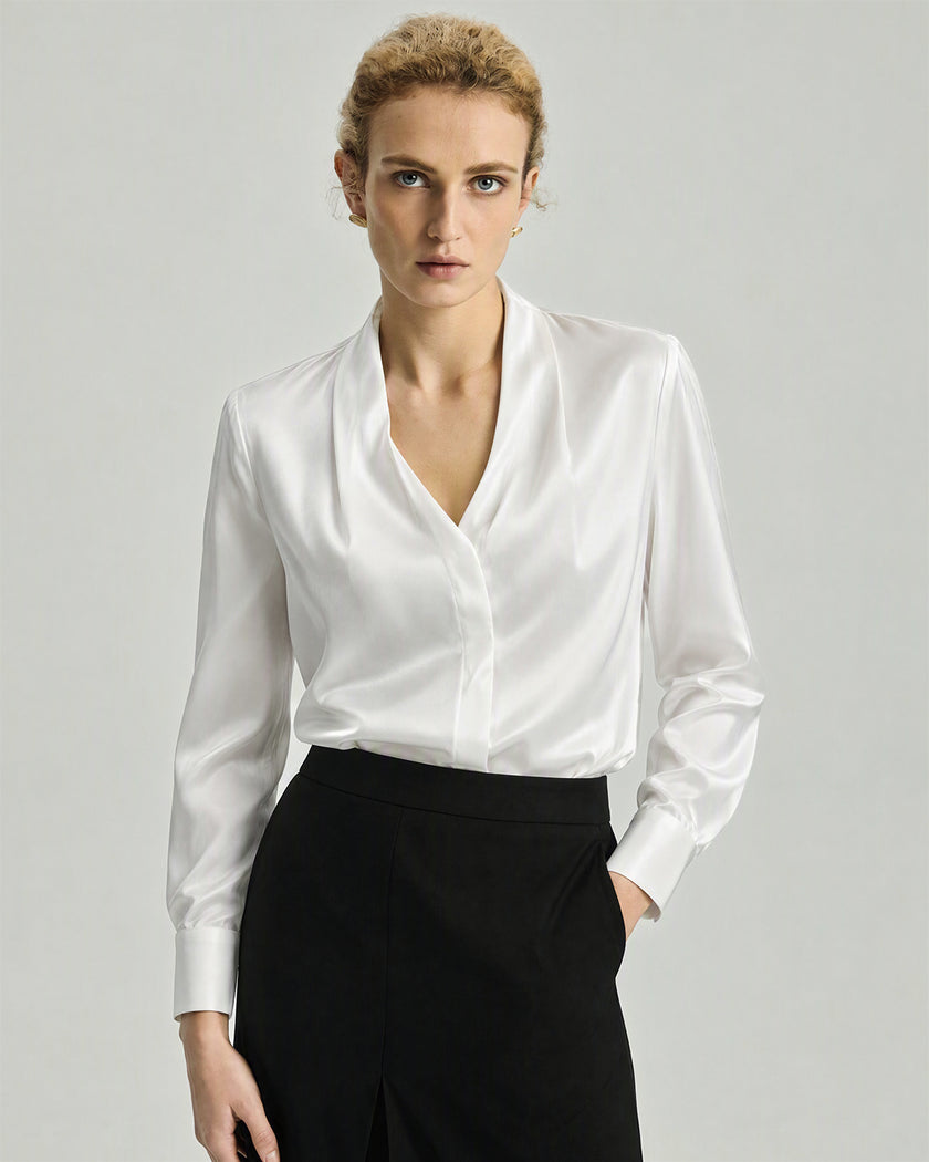 White Riva Shirt on model, front view showing the V neckline and relaxed drape