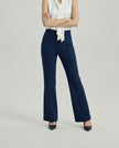 Navy Gandi Trousers on model, lower-body front view showing the high-rise waist and straight-leg silhouette