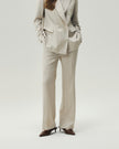 Straight-Leg Trousers in Oatmeal Check, front view highlighting the tailored waist and elongated silhouette