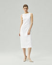Almond White pleated-waist strap dress on model, full-length front view