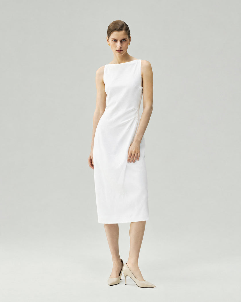 Almond White pleated-waist strap dress on model, full-length front view