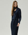 Reversible Blouse in Navy, three-quarter view highlighting the fluid satin drape