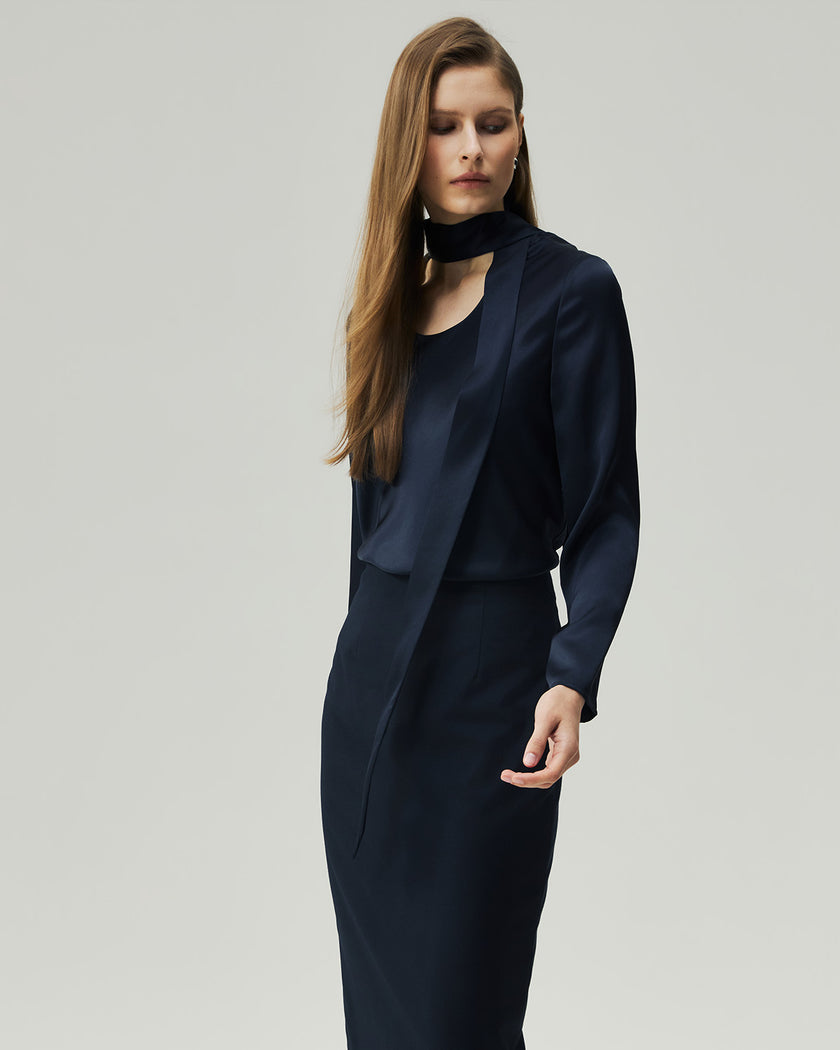 Reversible Blouse in Navy, three-quarter view highlighting the fluid satin drape