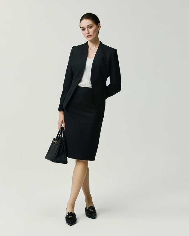 York Skirt in Black on model, full-length front styling view