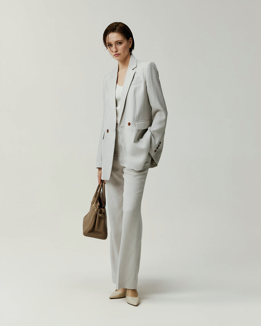Kew Blazer in Almond on model, full-length front styling view