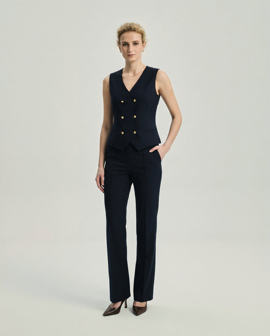 Teresa Vest in Dark Navy Check on model, full-length front styling view