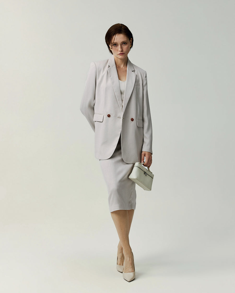 Hopkins Pencil Skirt in Almond on model, full-length front styling view