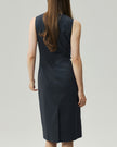 Grey pinstripe sleeveless midi dress, back view on model