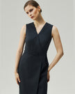Wrap Dress in Charcoal Grey, three-quarter view highlighting the overlapping front