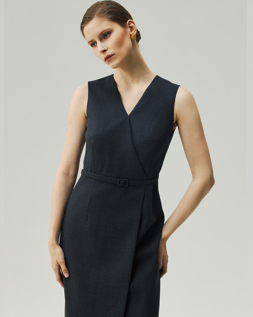 Wrap Dress in Charcoal Grey, three-quarter view highlighting the overlapping front