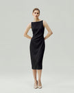Pleated-Waist Midi Dress in Black on model, full-length front styling view