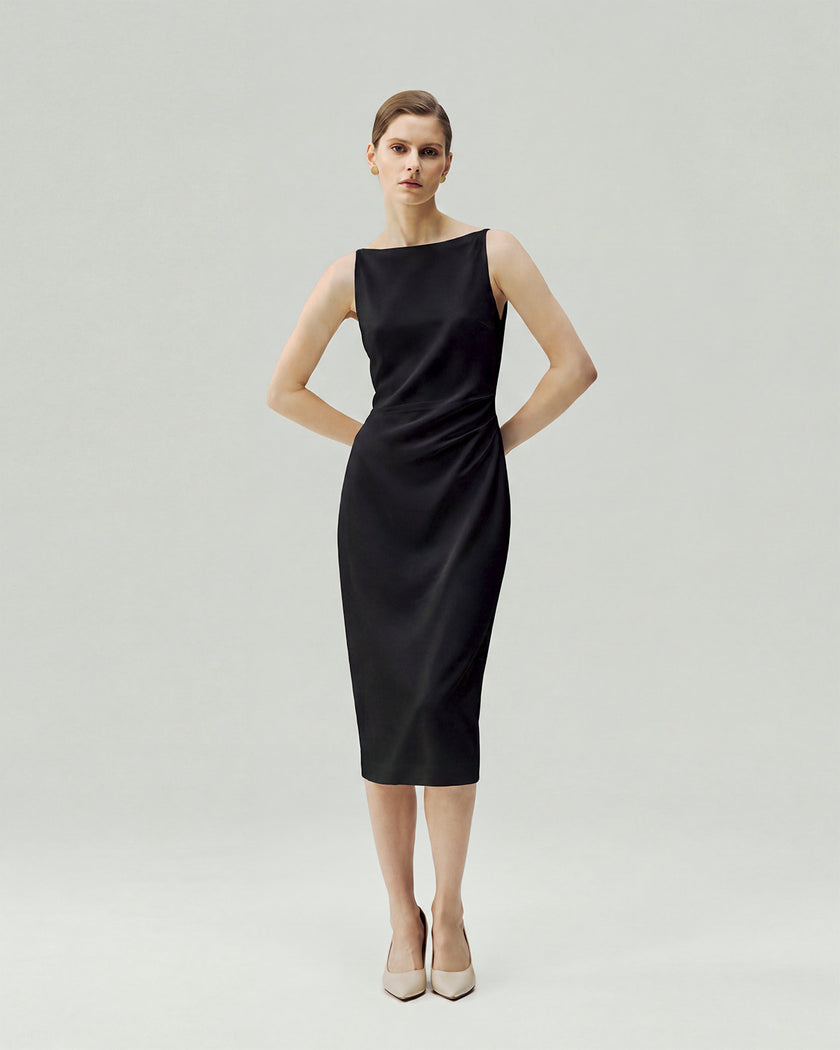 Pleated-Waist Midi Dress in Black on model, full-length front styling view