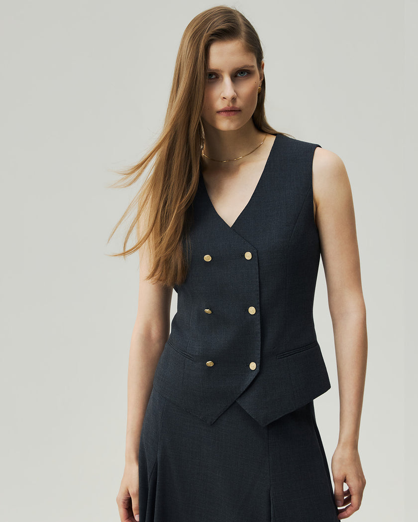 Teresa Charcoal Grey vest, front view showing the deep V neckline and double-breasted closure