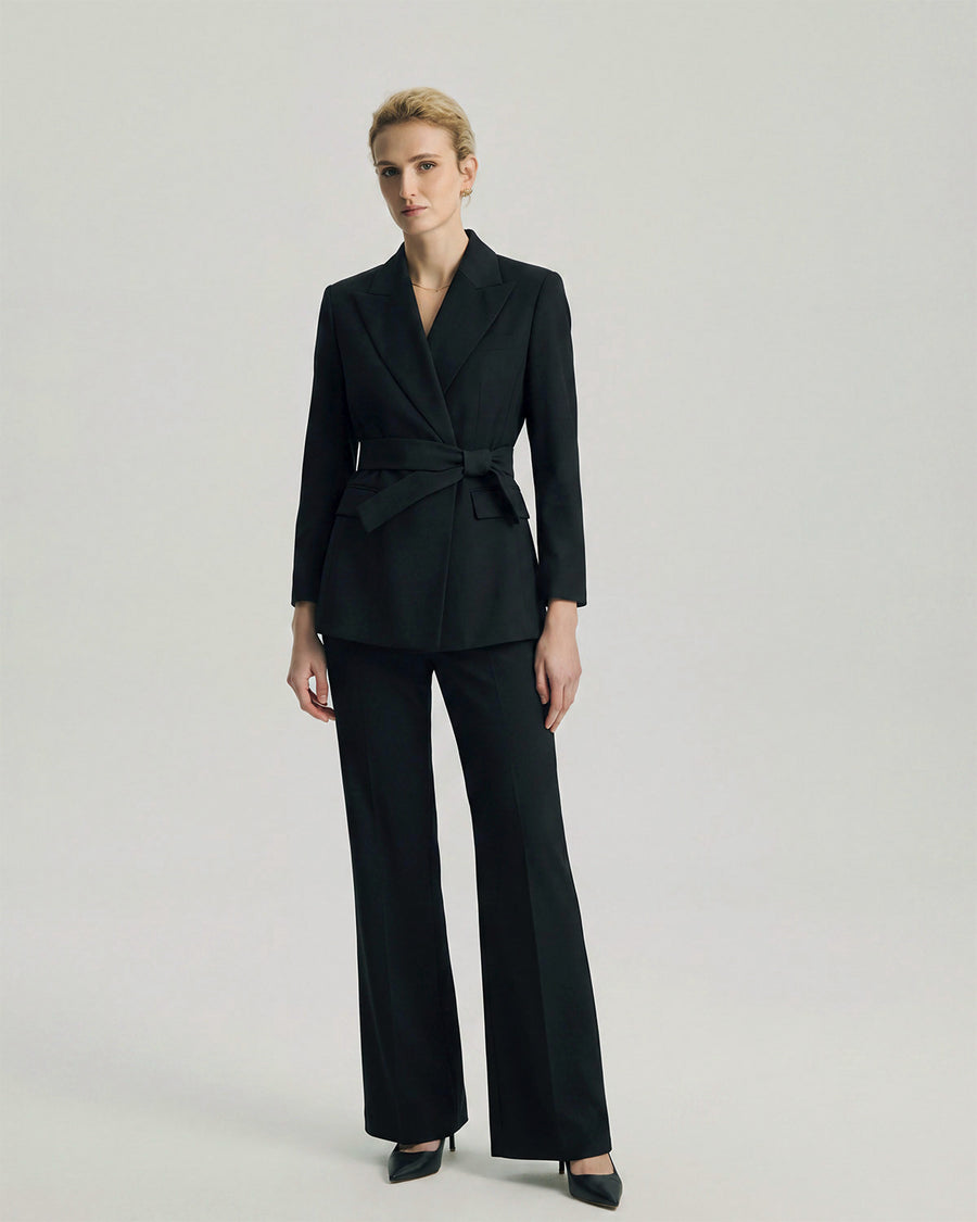 Oxford Blazer in Graphite Black on model, full-length front styling view