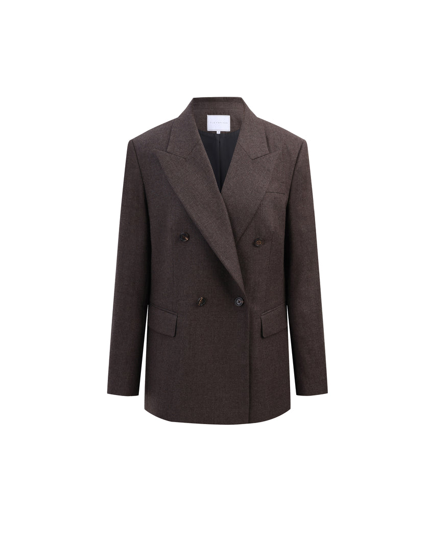 Kai ebony double-breasted wool blazer with peak lapels, flap pockets and horn buttons