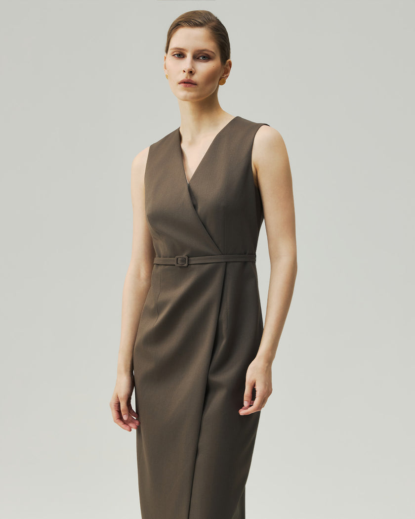 Warm Tea Brown wrap dress on model, front view showing the deep V neckline and fitted waist