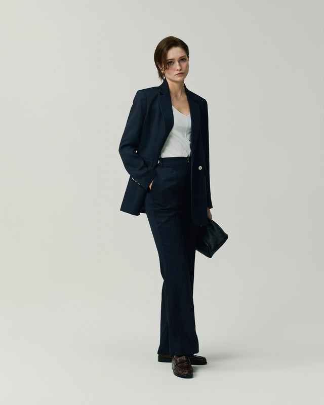 Kew Blazer in Navy on model, full-length front styling view