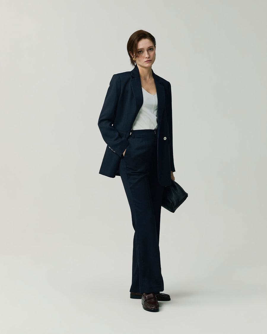 Kew Blazer in Navy on model, full-length front styling view