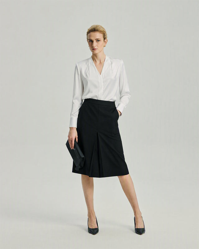 Riva Shirt in White on model, full-length front styling view