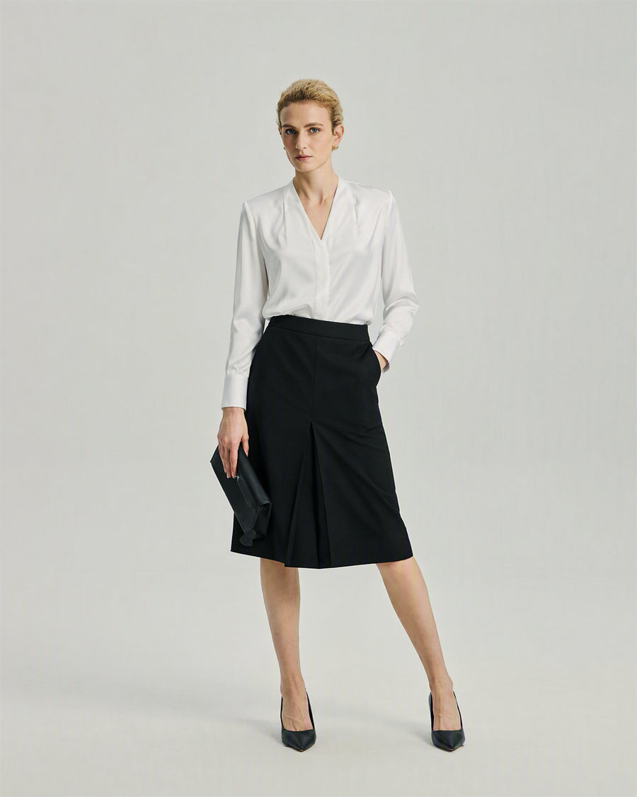 Riva Shirt in White on model, full-length front styling view