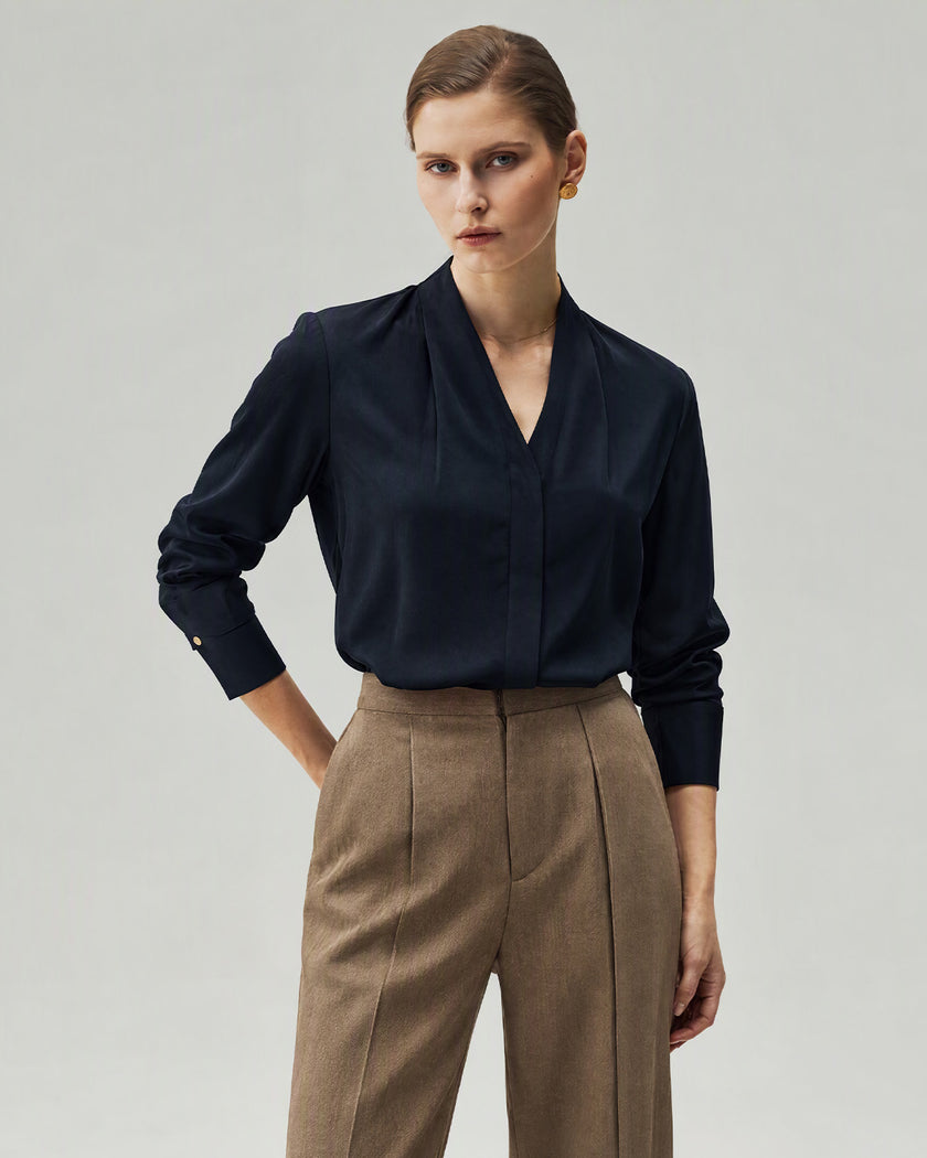 Deep Navy Riva Shirt on model, front view showing the V neckline and softly relaxed drape