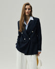 Dark Navy Check Kai Blazer on model, front view showing the oversized double-breasted shape