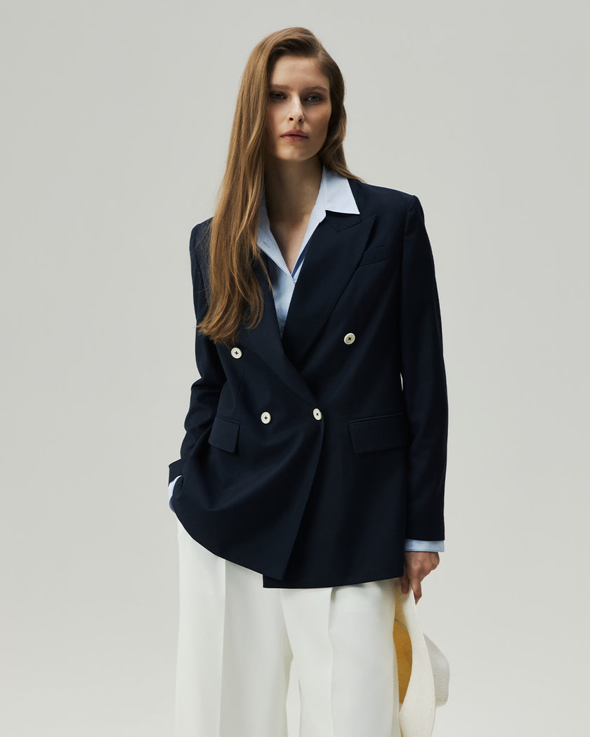 Dark Navy Check Kai Blazer on model, front view showing the oversized double-breasted shape