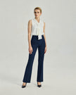 Navy Gandi Trousers on model, full-length front view showing the high-rise waist and straight-leg silhouette