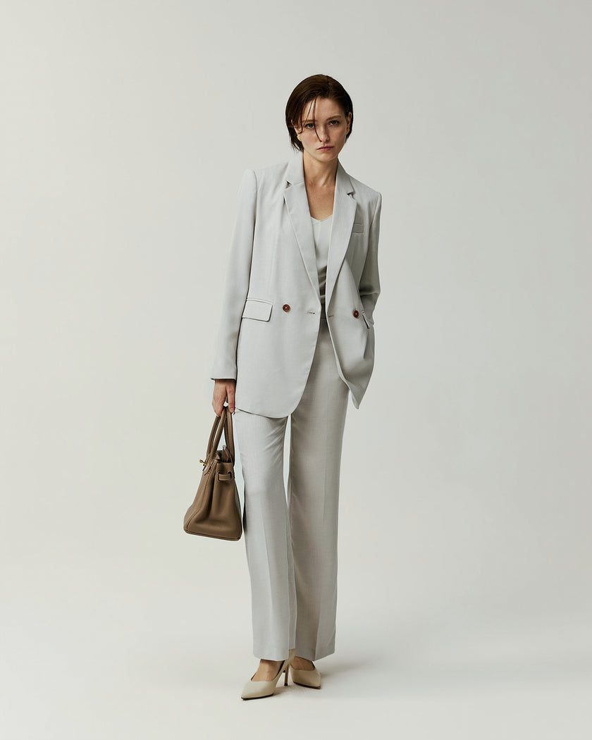 Almond Kew Blazer on model, full-length front view with matching trousers
