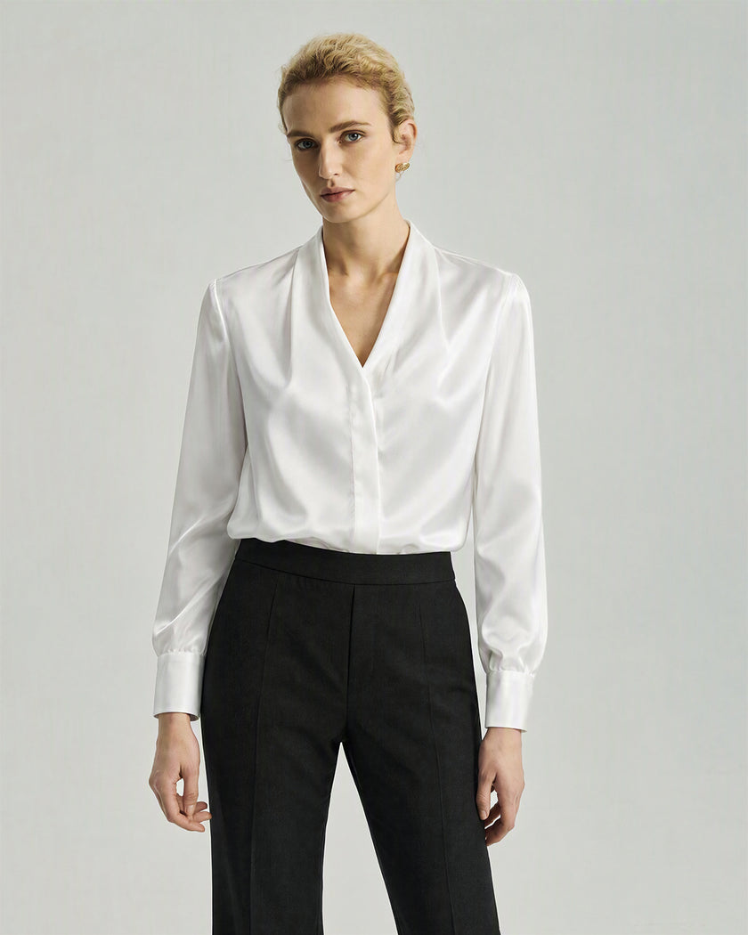 Riva Shirt in White on model, front styling view highlighting the long sleeves and clean silhouette