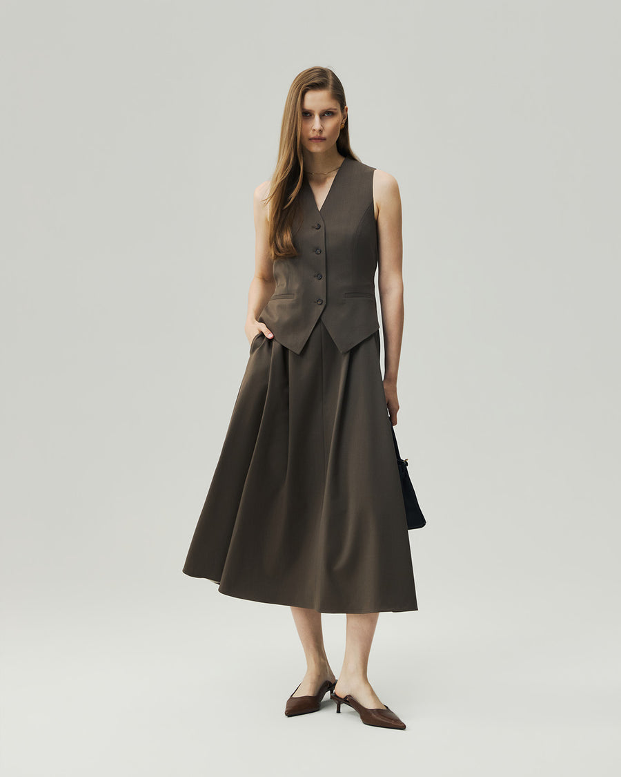 A-Line Dress in Warm Tea Brown on model, full-length front styling view