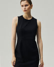 Black pinstripe midi dress, close-up front view showing round neckline and fitted bodice