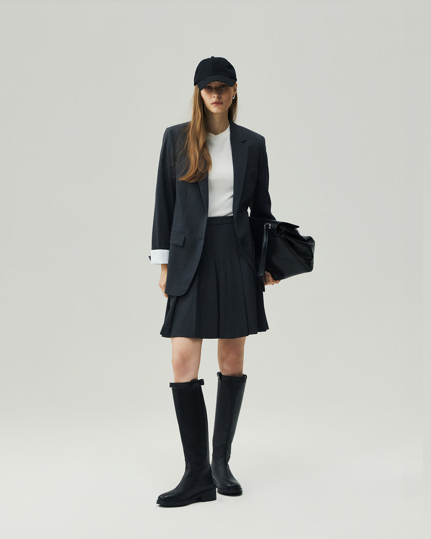Charcoal Grey A-line mini skirt, full-length styling view on model