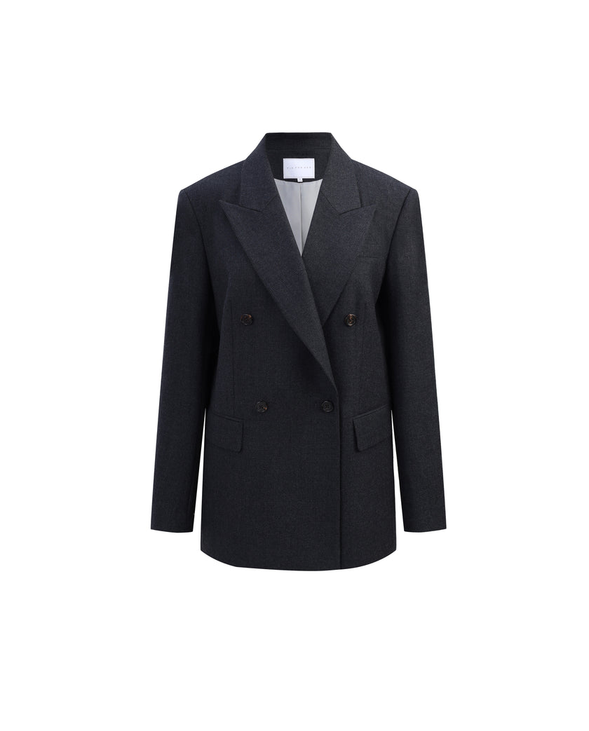 Kai charcoal grey double-breasted wool blazer with peak lapels and flap pockets