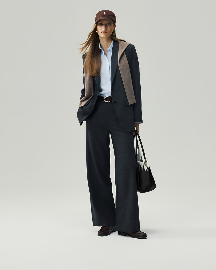 Charcoal Grey straight-leg trousers on model, front styling view
