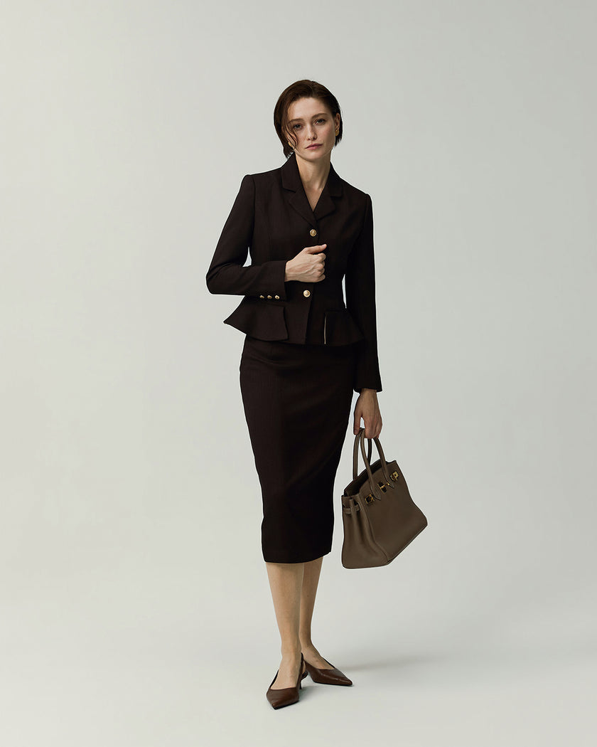 Leiden Jacket in Deep Chocolate styled with a matching skirt, full-length front view