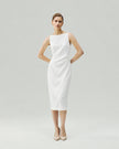 Pleated-Waist Strap Dress in Almond White on model, full-length front styling view
