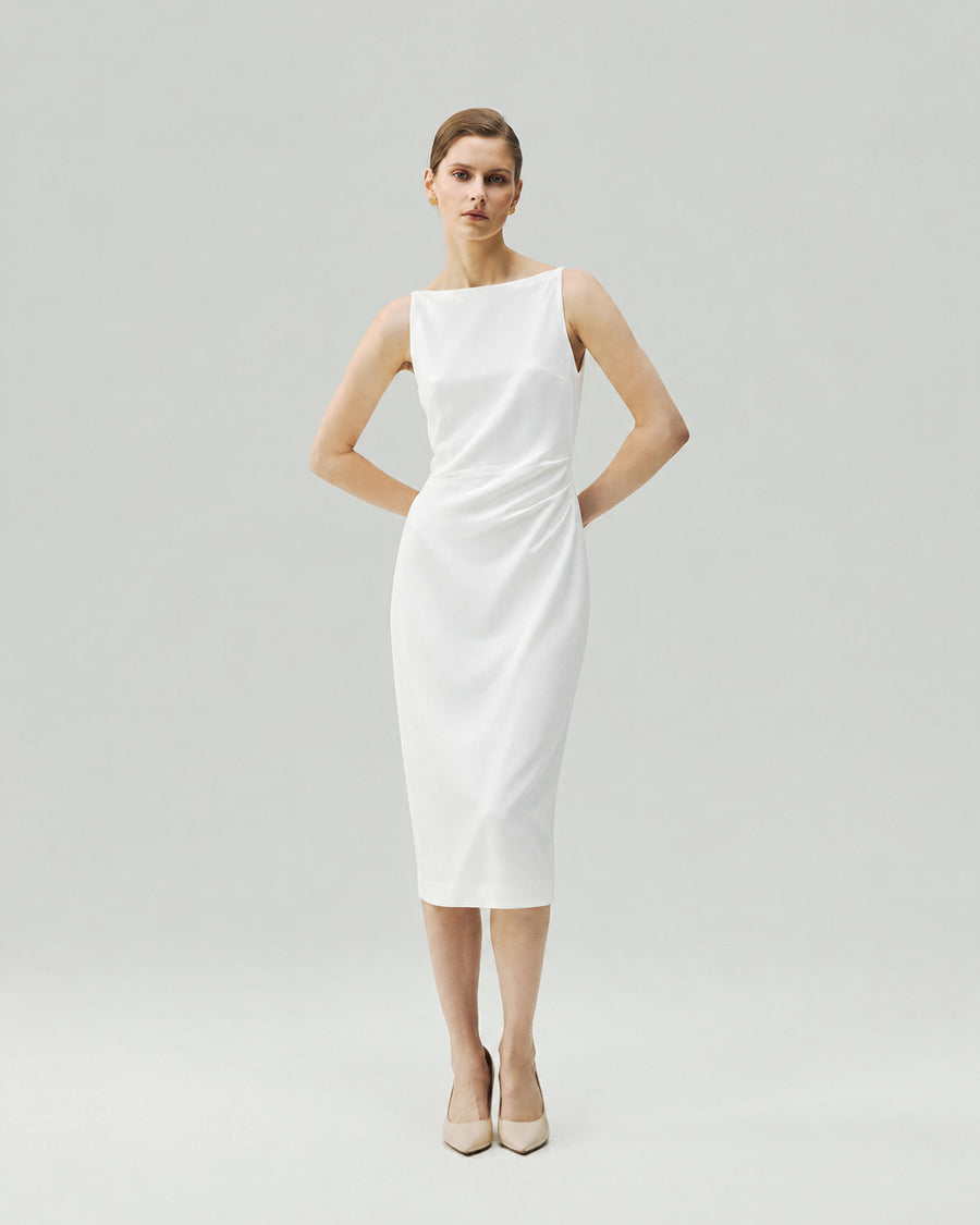 Pleated-Waist Strap Dress in Almond White on model, full-length front styling view