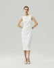 Pleated-Waist Strap Dress in Almond White on model, full-length front styling view