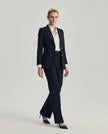 Dark Navy Check Dom Blazer styled with matching trousers, full-length tailored look