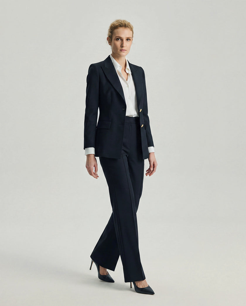 Dark Navy Check Dom Blazer styled with matching trousers, full-length tailored look