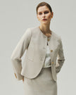 Oatmeal Check Gabri Jacket on model, front view showing the collarless neckline and fitted waist