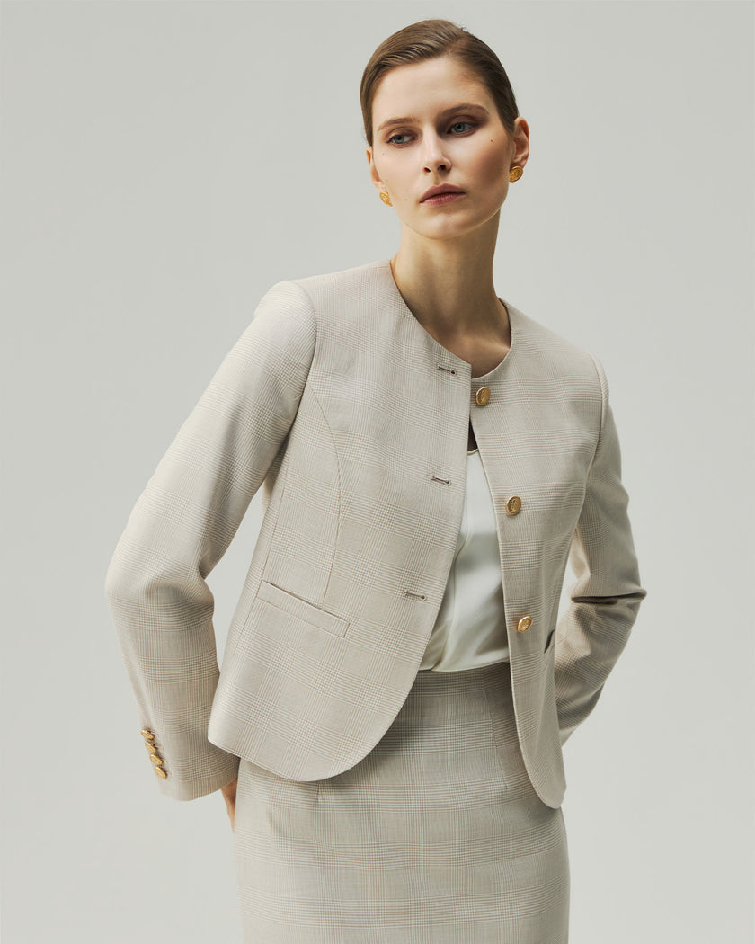 Oatmeal Check Gabri Jacket on model, front view showing the collarless neckline and fitted waist
