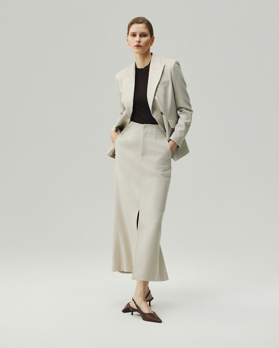 High-Waisted Skirt in Textured Oatmeal on model, full-length front styling view