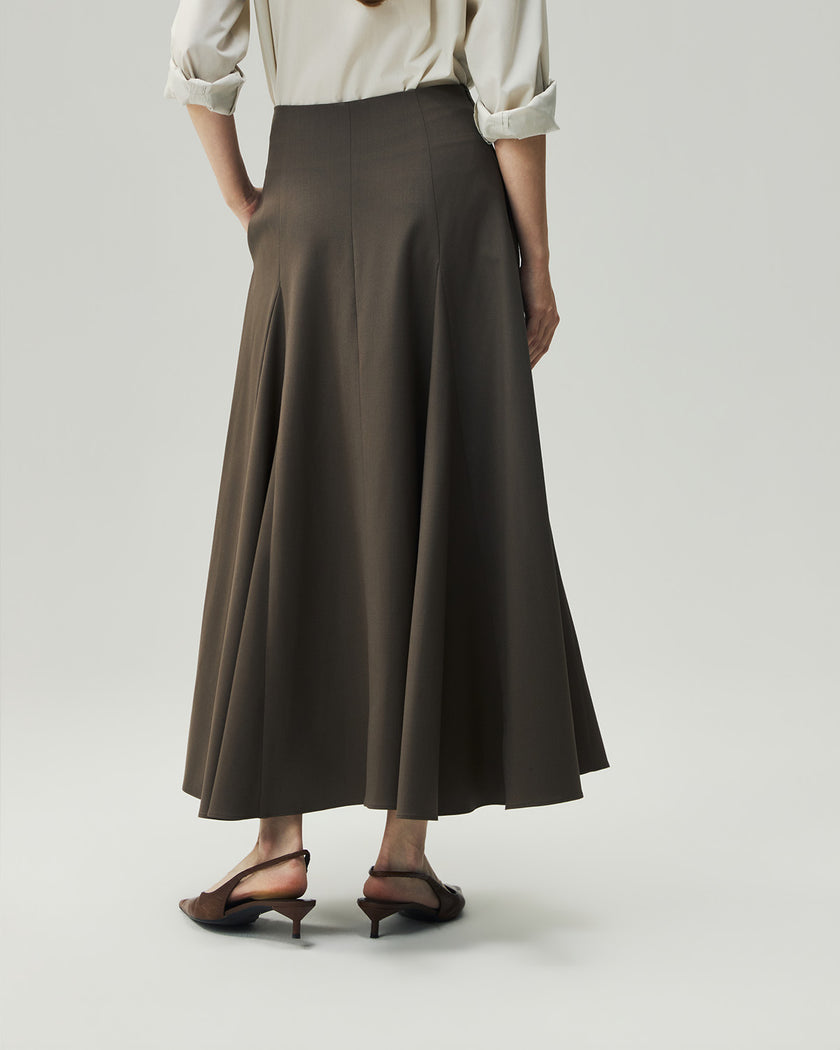 Sculpted Midi Skirt in Warm Tea Brown, close back view highlighting the paneled construction