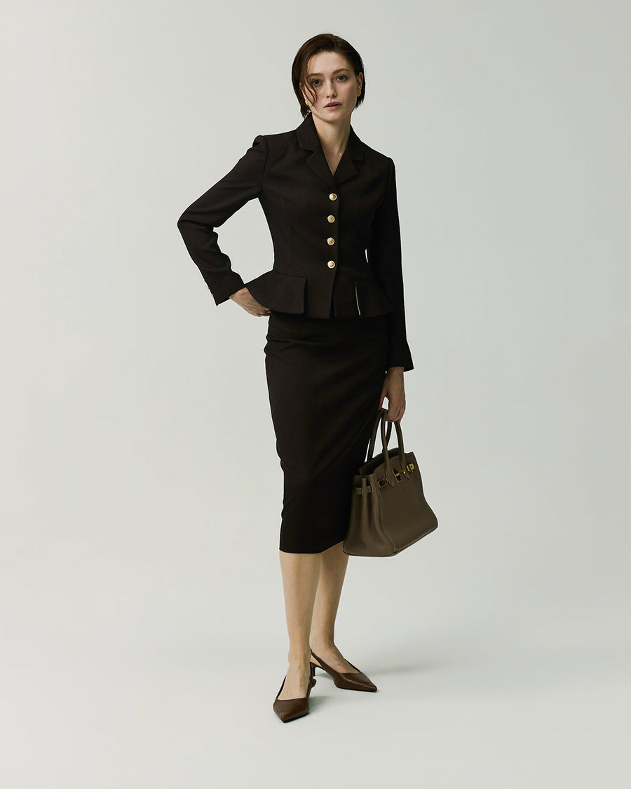 Hopkins Skirt in Deep Chocolate styled with a matching jacket, full-length front view